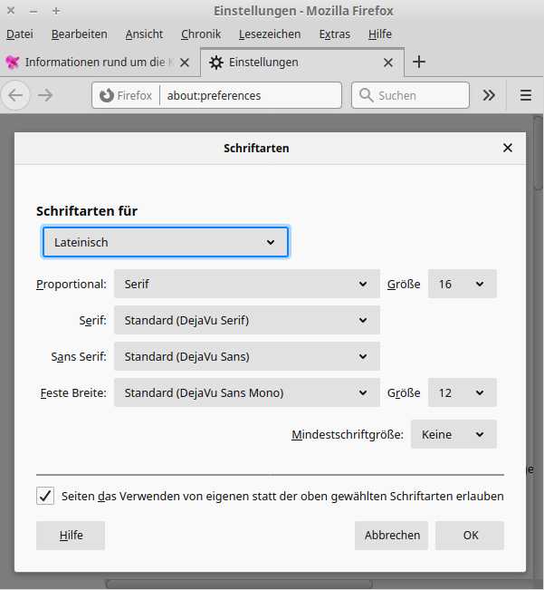 Erweitere Einstellung Schrift, Firefox