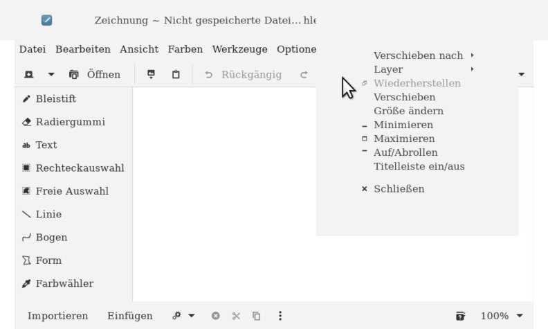 Traditionelles Titelleistenmenü unter Gnome, Programm Drawing.