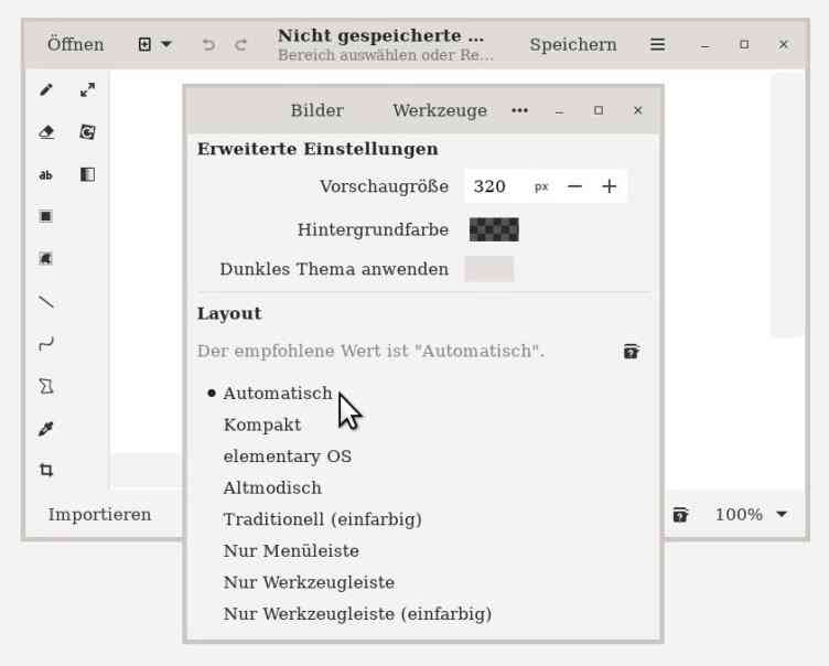 Automatische Einstellung Layout Gnome bei Drawing.